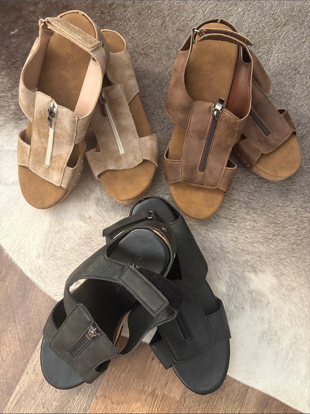 3 pairs FME Front-Zip Cork Wedge Sandals 9 40